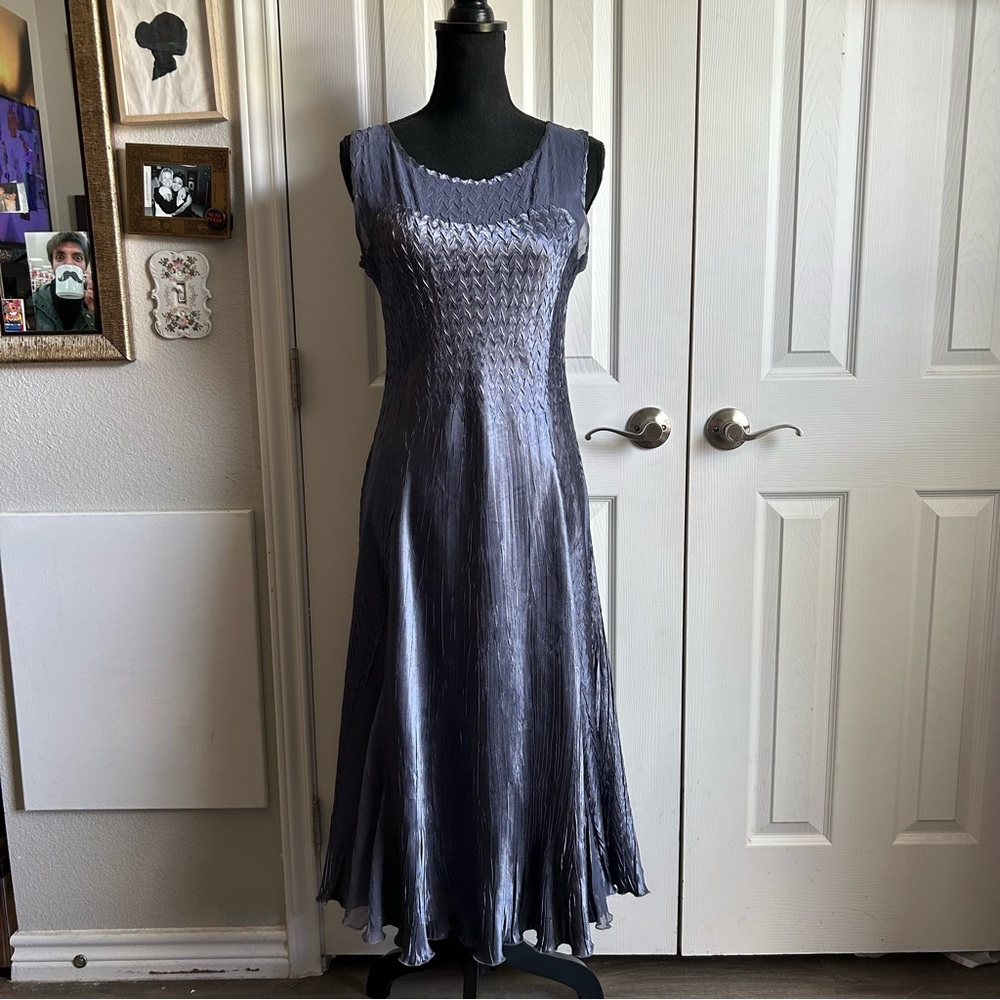 Komarov purple pleated luxury midi flare dress